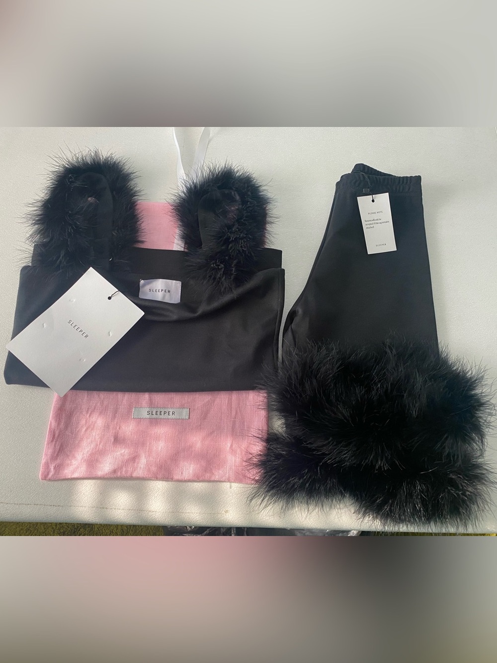 Sleeper Black Marabou-Trim Pajama Tank & Shorts Set with Pink Dust Bag NWT